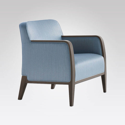 Opera Box Frame blue Lounge Chair with Show Wood Arm Detail and Rounded Edges