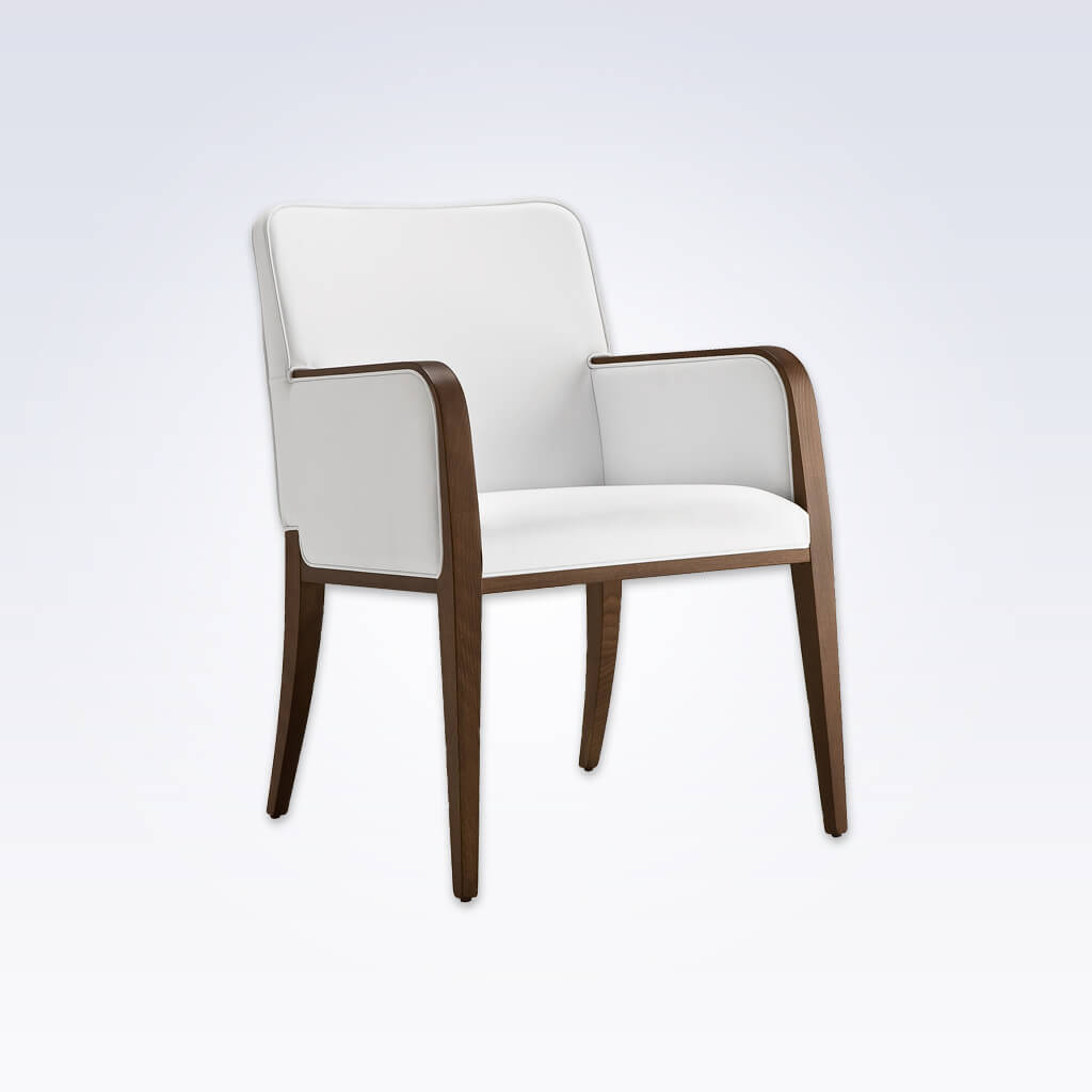 Opera White Leather Tub Chair With Curved Show Wood Armrests And Legs 