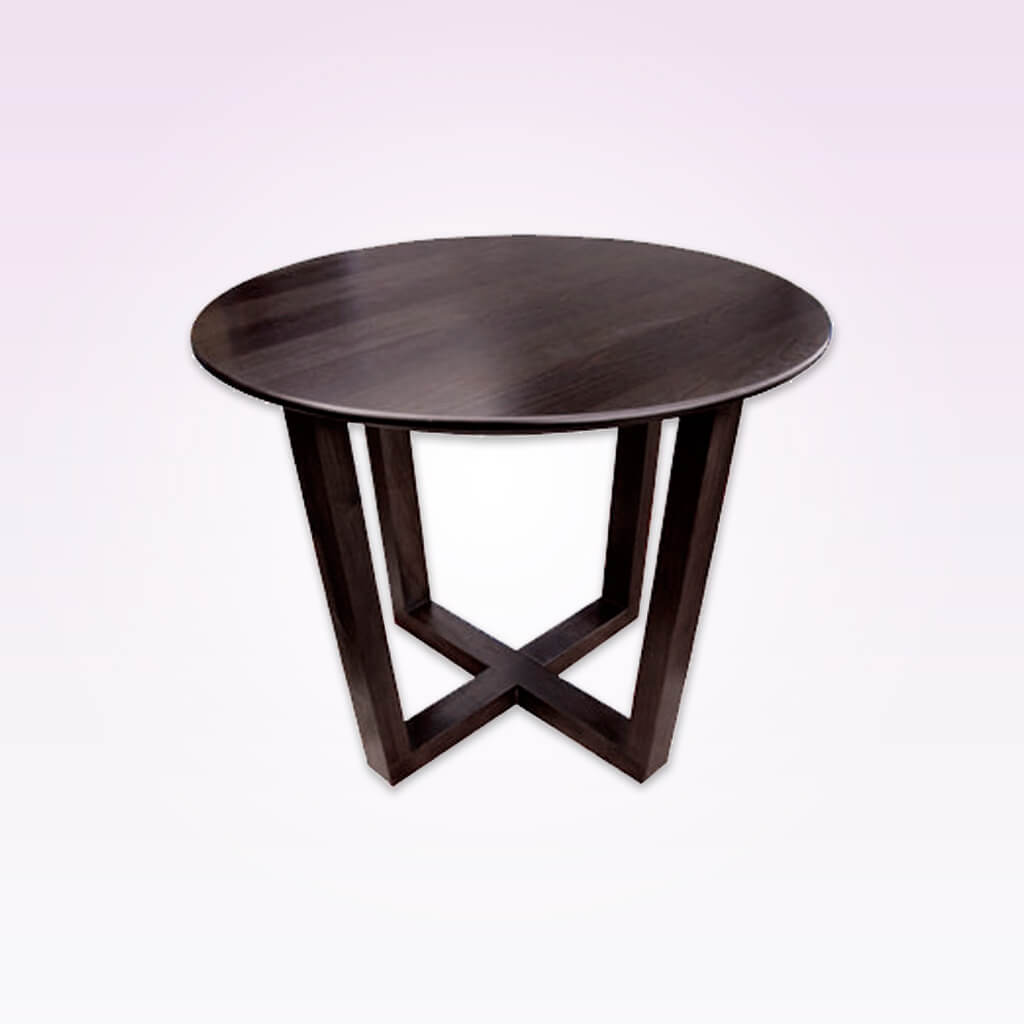 Patriki dark brown wood dining table with cross base and round top
