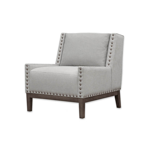 Rick Armless Light Grey Lounge Chair with Timber Show Wood Underframe and Large Studs 