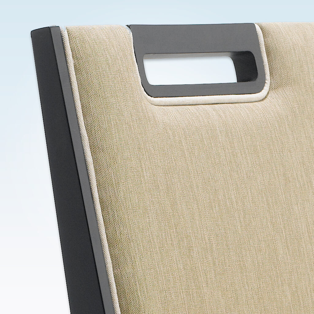 Roka cream fabric bar stool with back detail, show wood trim and wooden legs with a metal kick plate - Detail View