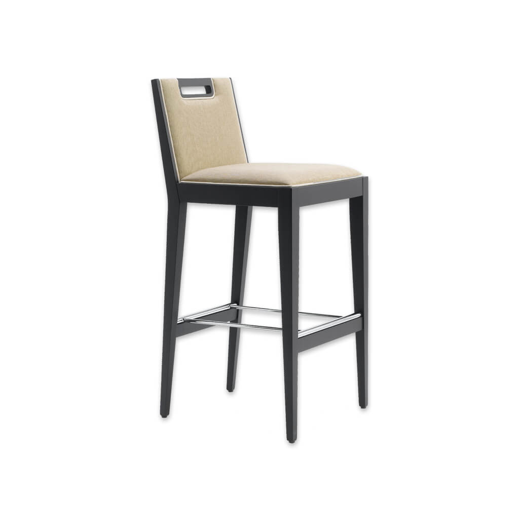 Roka cream fabric bar stool with back detail, show wood trim and wooden legs with a metal kick plate  - Designers Image