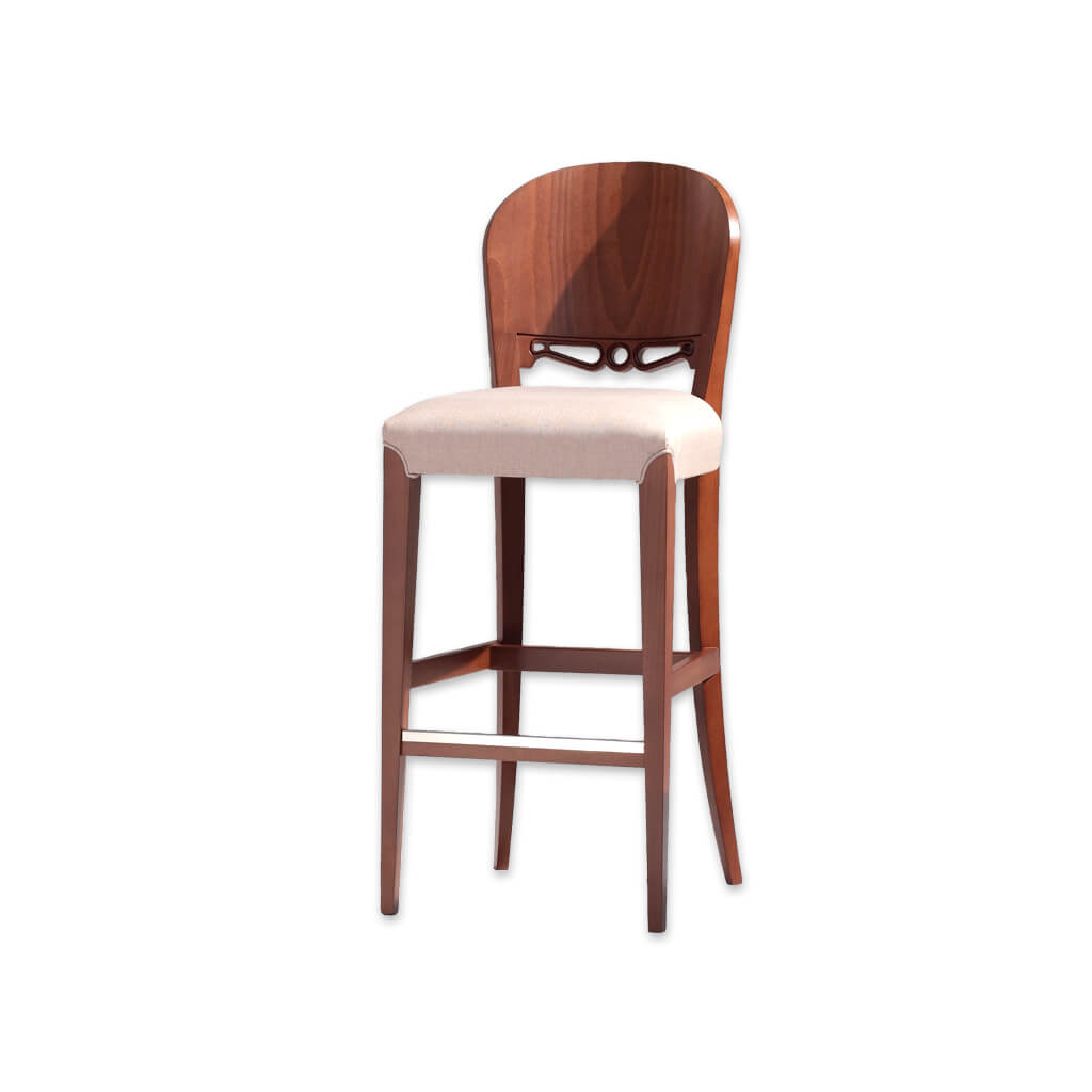 Squero cream wooden bar stool with ornate detail to the backrest and wooden frame with metal trimmed kick plate - Designers Image