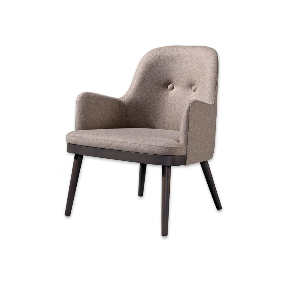 Stella Upholstered Brown Lounge Chair with Tapered Cylindrical Legs Show Wood Plinth and Two Back Buttons  - Designers Image