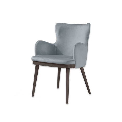 Stella Fully Upholstered Light Blue Wing Chair with Show Wood Plinth and Conical Legs