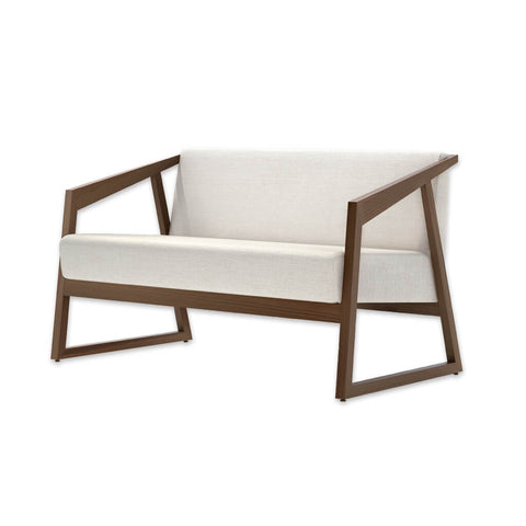 Tago contemporary white and brown sofa with open timber frame and ski legs