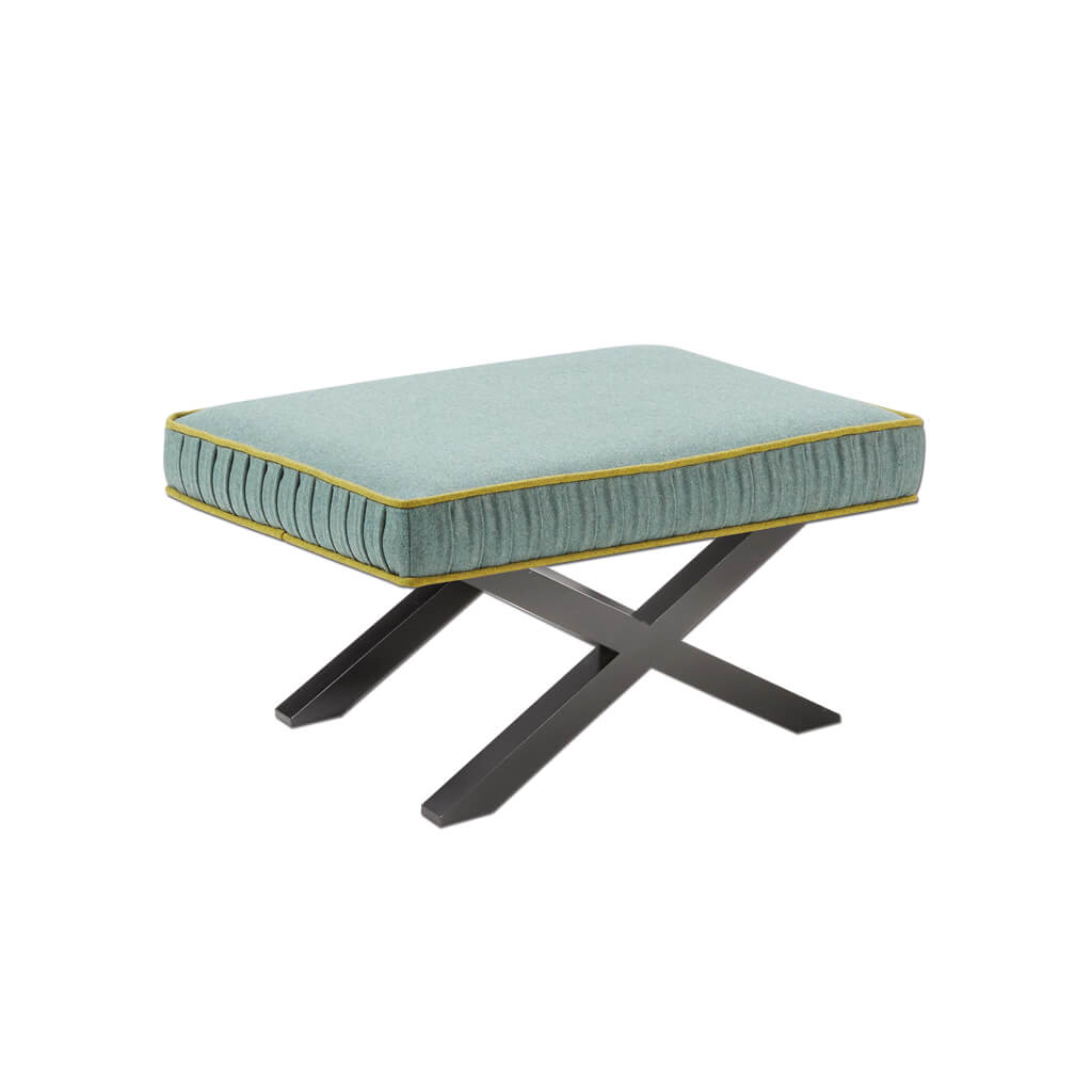 Tijera small green ottoman with contrast piping and cross leg wooden base  - Designers Image