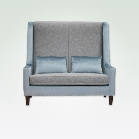 Tono grey and blue studded sofa with contrast upholstery, high back and loose cushions 