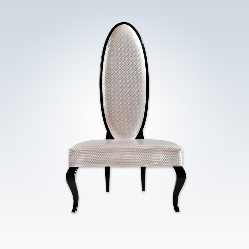 Valetti black and white accent chair with decorative oval backrest and curved timber legs 