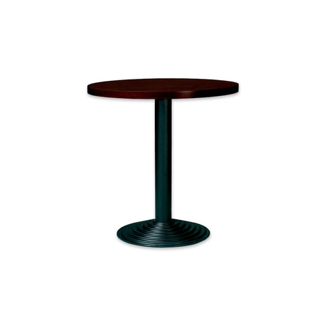 Velino circular dark wood dining table with ridge detail metal base plate and pedestal