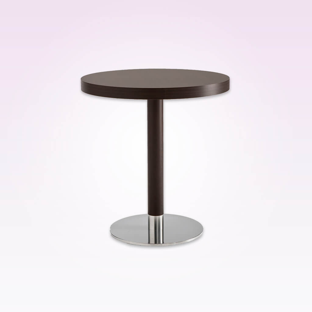 Venice timber wood dining table with round metal base plate and wooden pedestal column