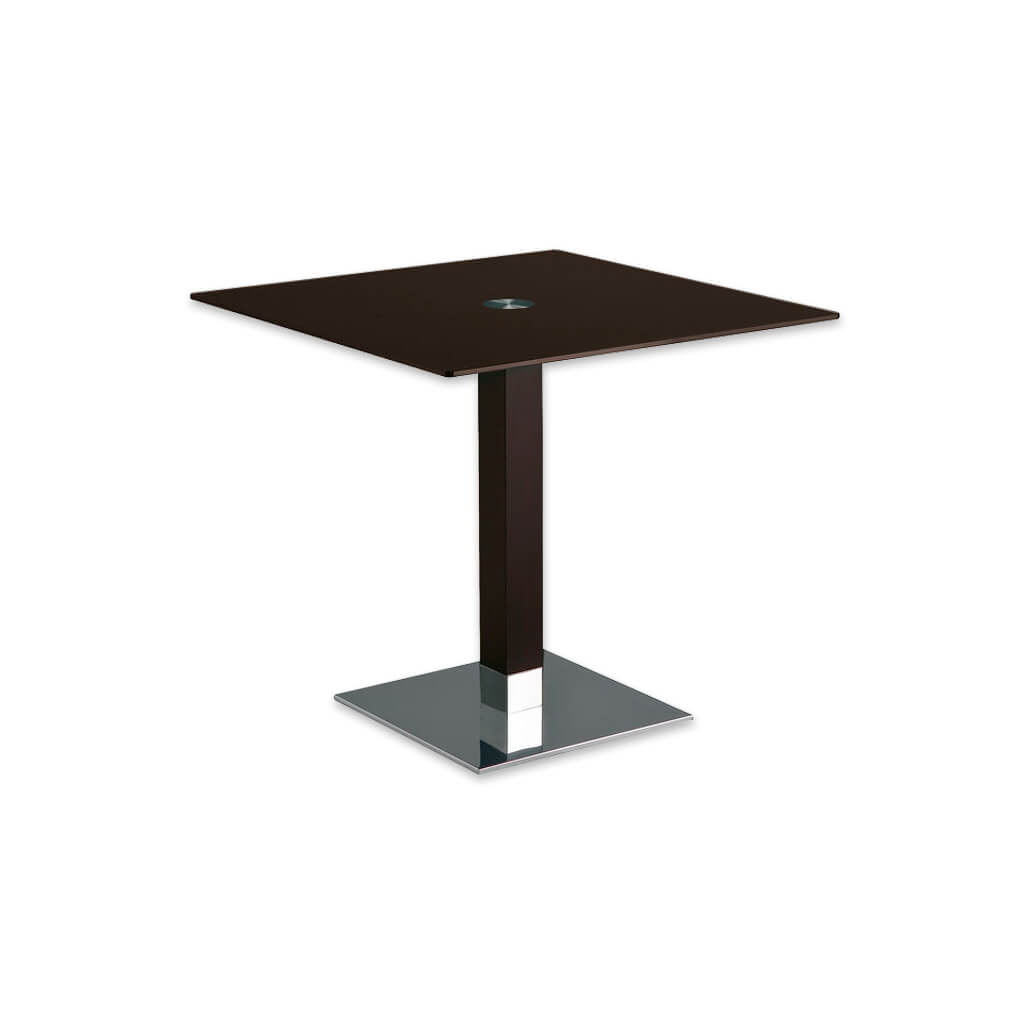Venice dark brown square dining table with square metal base plate and wooden pedestal - Designers Image