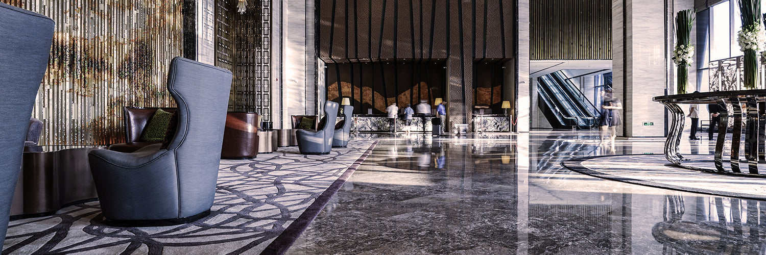 Hotel Lobby with Large Grey Accent Chairs
