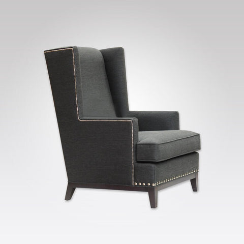 Aneto Fully Upholstered Dark Grey Lounge Chair with Show Wood Plinth Tapered Legs and Stud Detail 1004 LC1