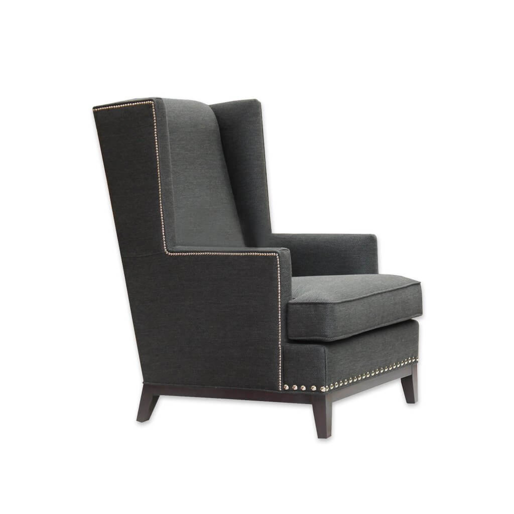 Aneto Fully Upholstered Dark Grey Lounge Chair with Show Wood Plinth Tapered Legs and Stud Detail 1004 LC1 - Designers Image