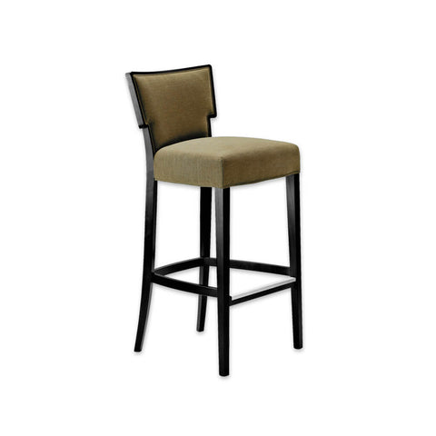 Alaska sage green bar stool with upholstered seat and backrest with a show wood trim 