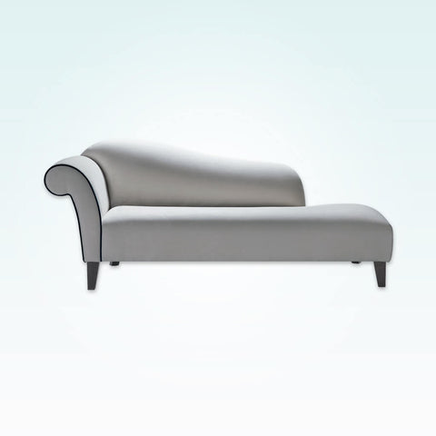 Albi glamourous grey chaise longue with scroll arm, curved shape and contrast piping detail 