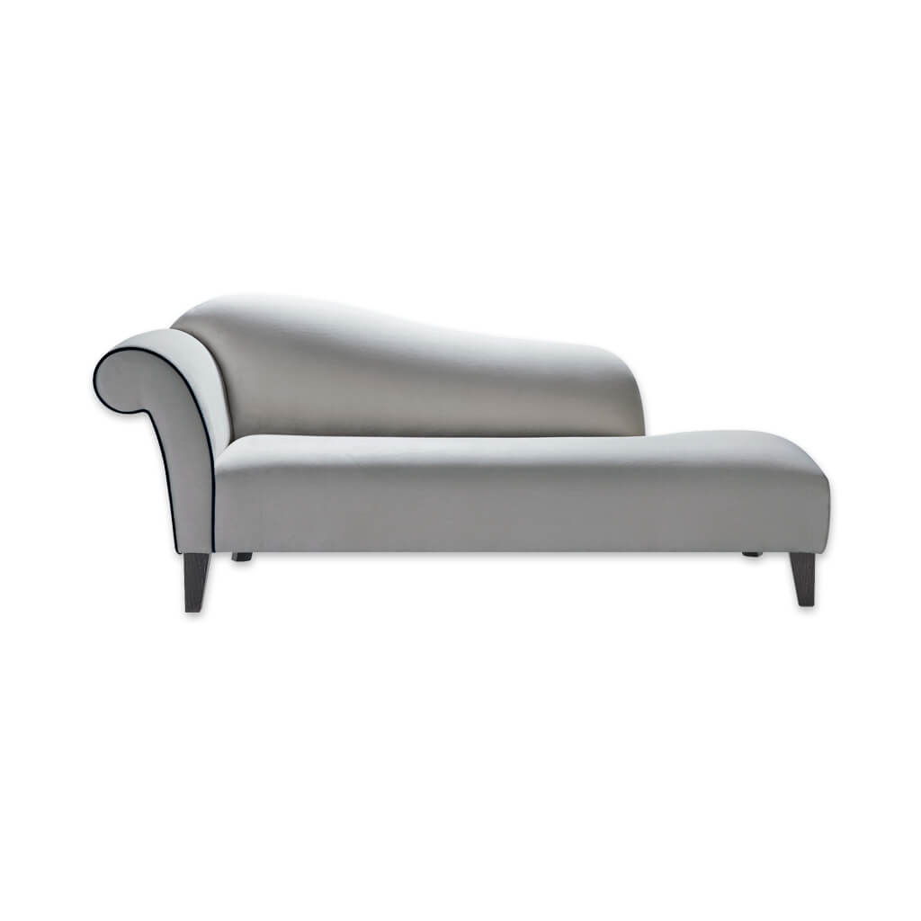 Albi glamourous grey chaise longue with scroll arm, curved shape and contrast piping detail  - Designers Image