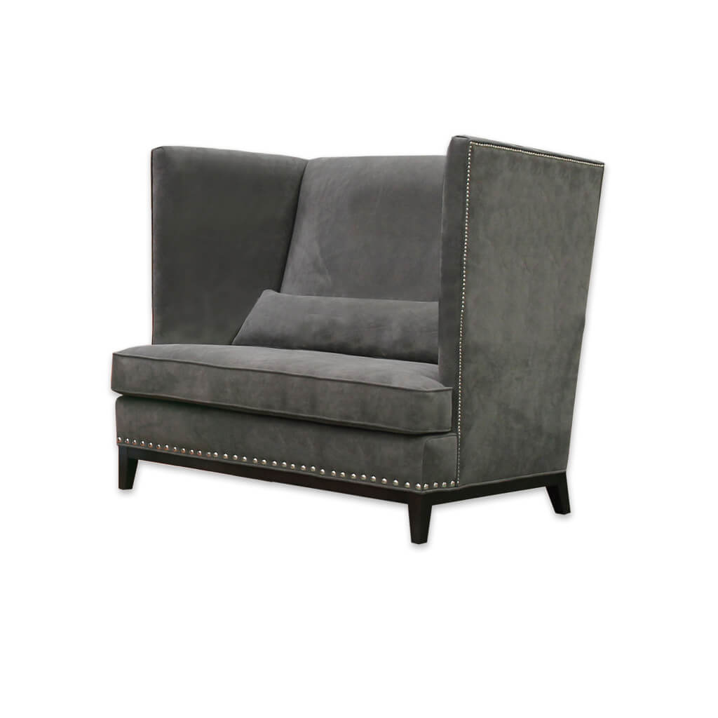 Aneto dark grey fabric accent chair with a show wood plinth and decorative studding  - Designers Image
