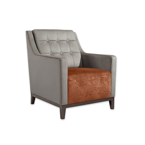 Arizona Two Tone Upholstered Burnt Orange Lounge Chair with Deep Cushioned Seat Button Detail and Piping