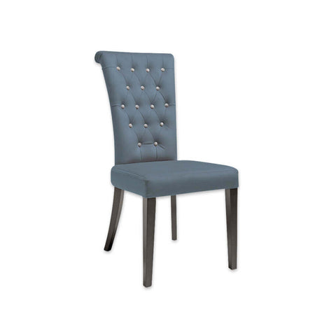 Bruelle Blue Buttoned Backed Dining Room Chair Scroll Back Deep Buttoning and Dark Wooden Legs