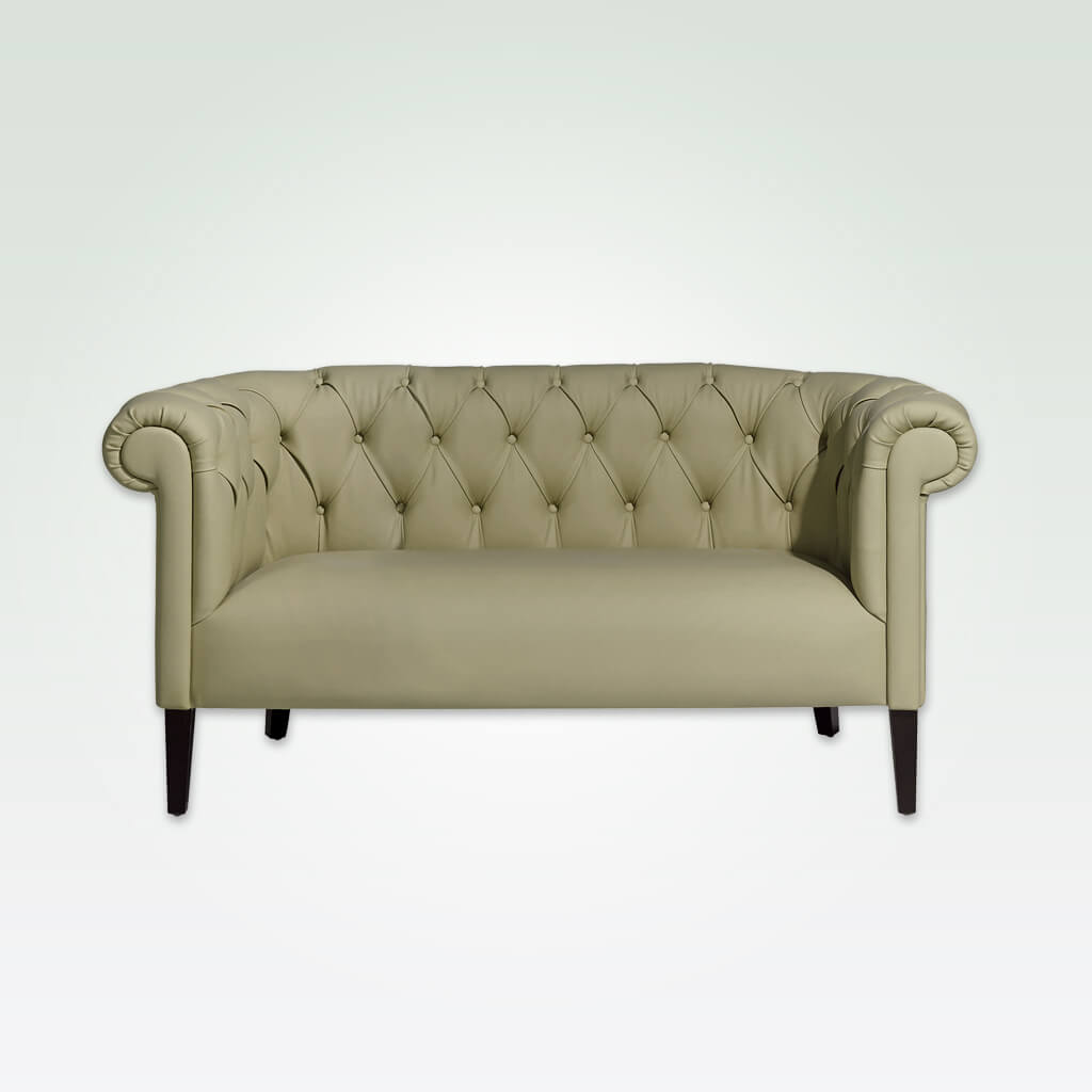 Burnell cream tufted sofa with deep buttoning and wooden leg