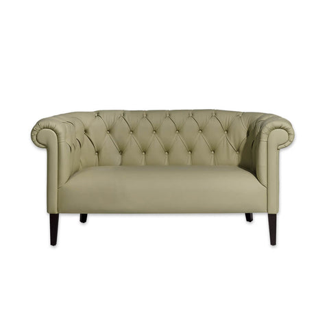 Burnell cream tufted sofa with deep buttoning and wooden leg