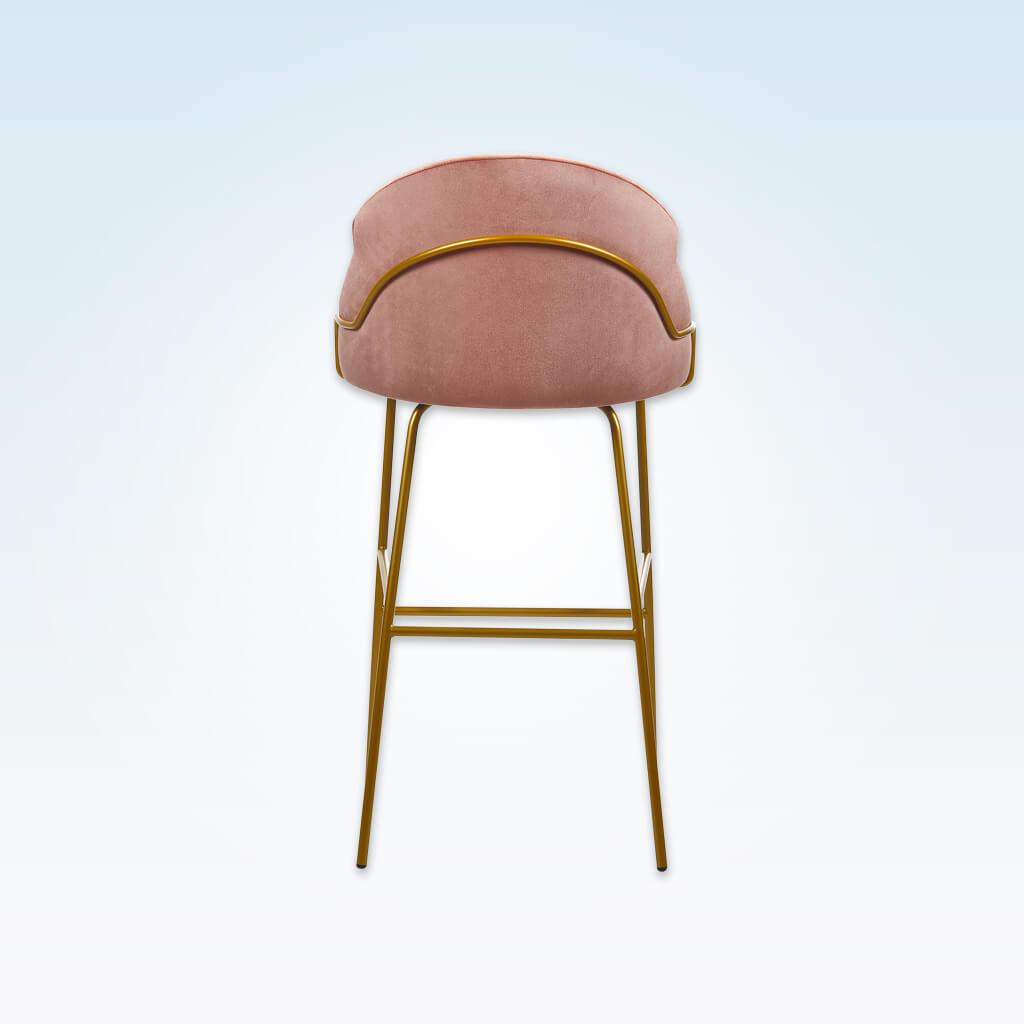 Candi tube pink bar stool with curved, padded backrest and metal frame - back view