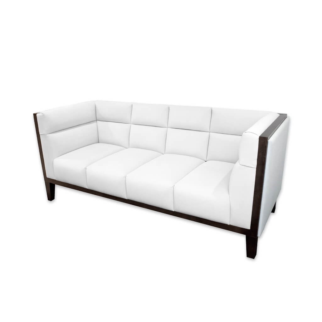 Cava white leather sofa with deep padded cushions featuring decorative stitching and a show wood trim to the arm and back rests - Designers Image