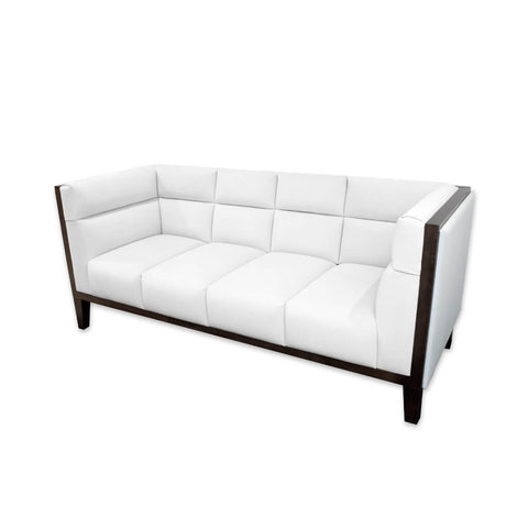 Cava white leather sofa with deep padded cushions featuring decorative stitching and a show wood trim to the arm and back rests