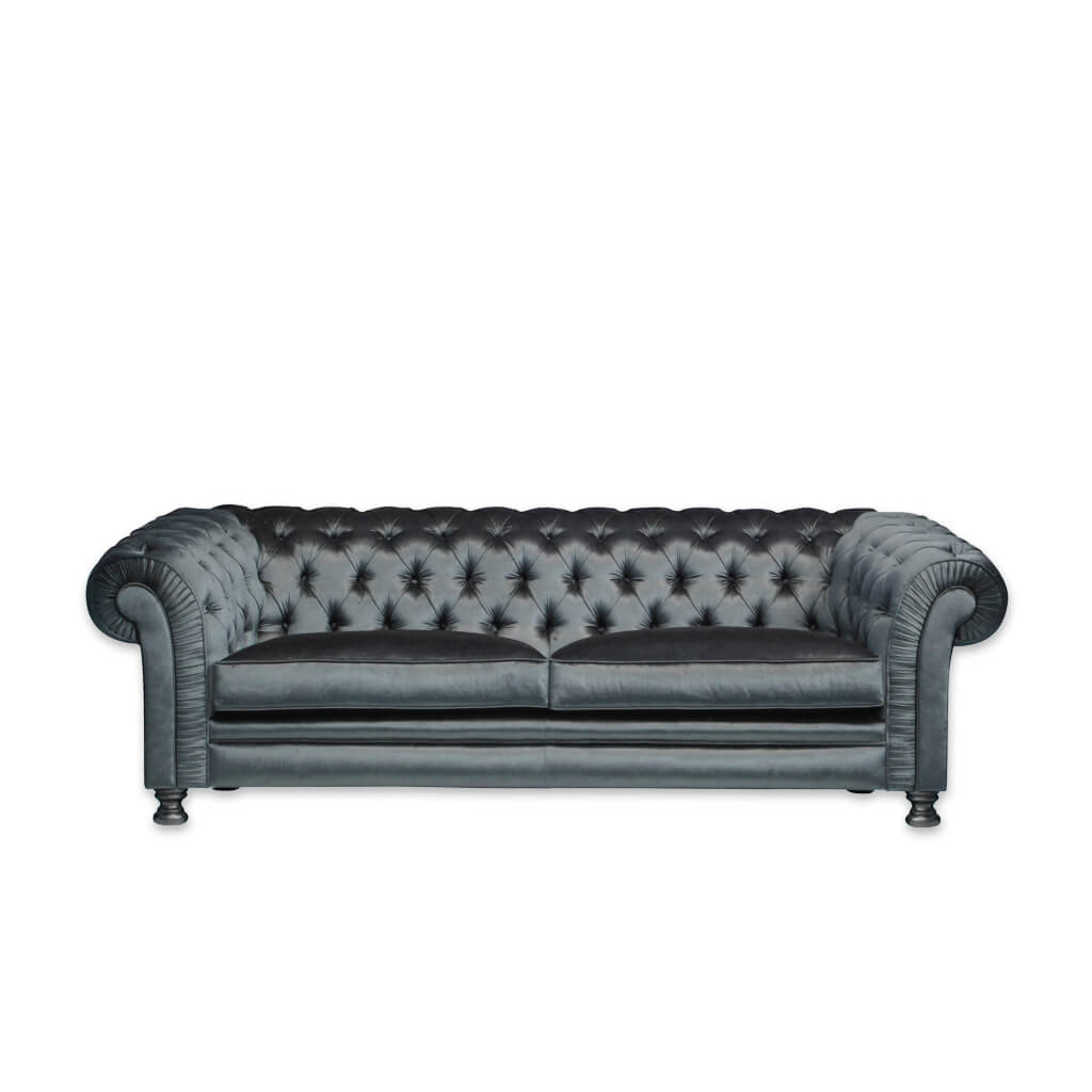 Chester grey velvet sofa with scroll arms and back featuring deep buttoning and bun feet   - Designers Image