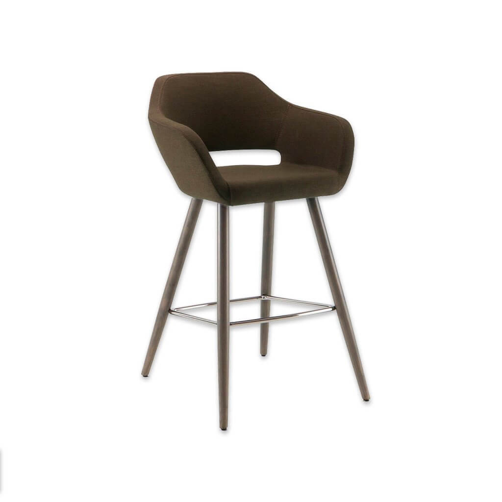 Ciro dark brown bar stool with cut out back detail and cylindrical timber legs with metal kick plate  - Designers Image