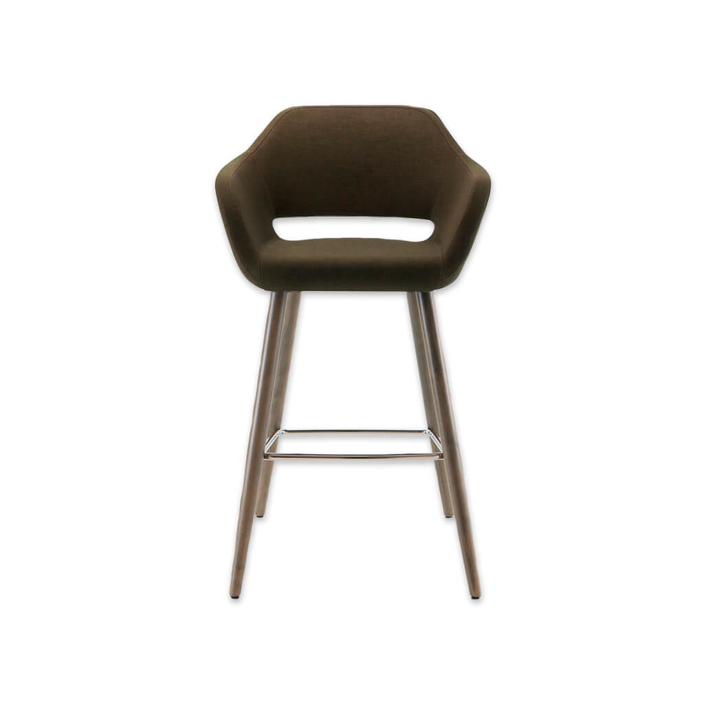 Ciro dark brown bar stool with cut out back detail and cylindrical timber legs with metal kick plate  - Front View - Designers Image