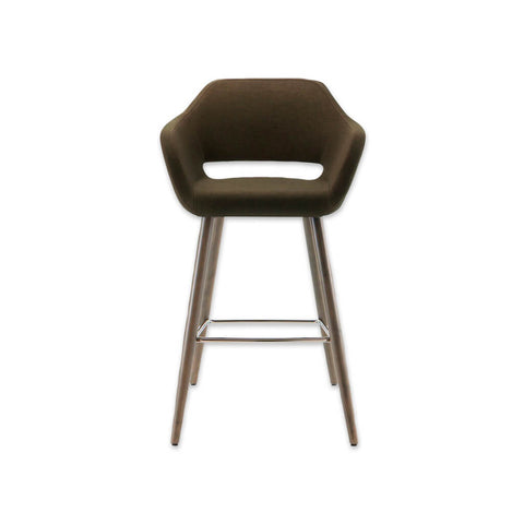 Ciro dark brown bar stool with cut out back detail and cylindrical timber legs with metal kick plate 