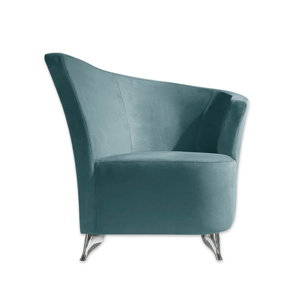 Claudia turquoise accent chair with a-symmetric curved backrest and chrome finished feet