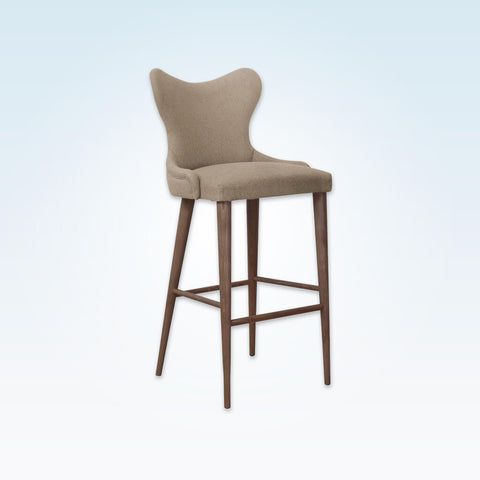 Cleo fabric bar stool with curvaceous padded backrest and tapered timber legs splayed to the rear