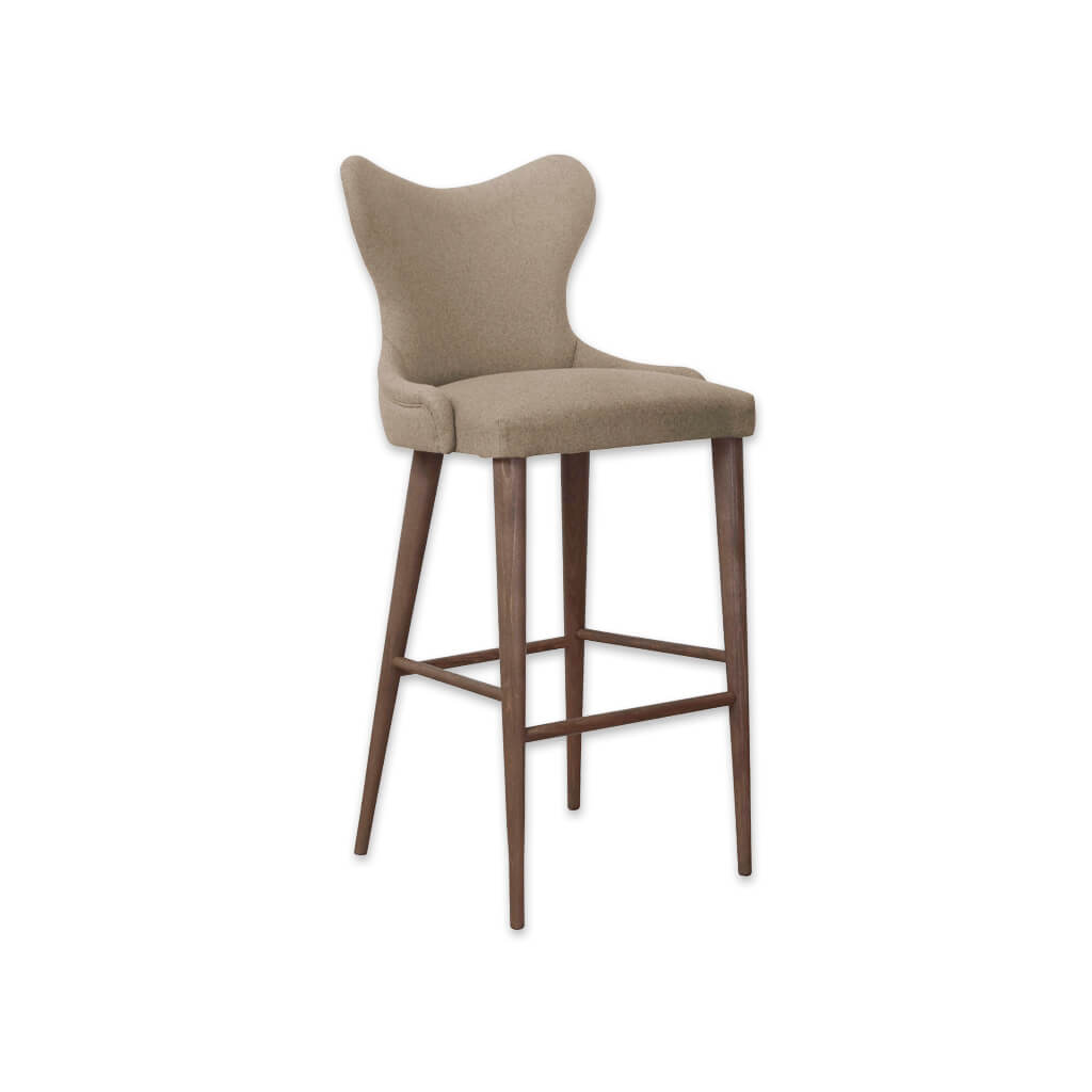 Cleo fabric bar stool with curvaceous padded backrest and tapered timber legs splayed to the rear - Designers Image
