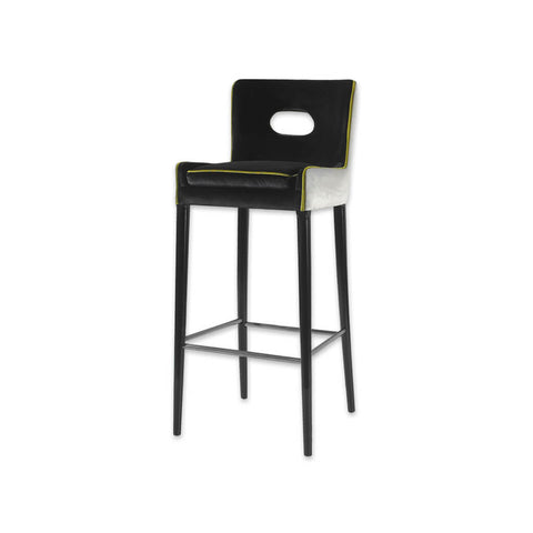 Colorado bar stool with black velvet square seat and cut out detail back
