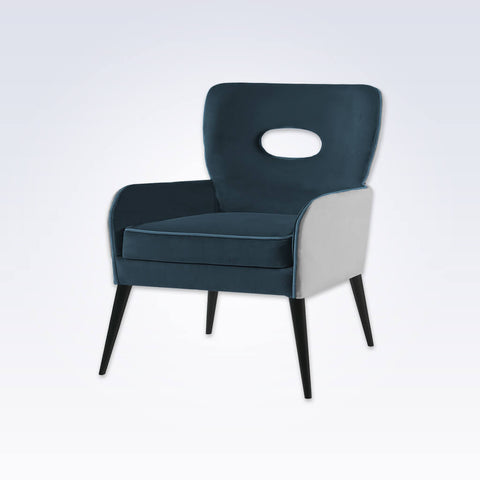 Colorado Dark Blue Tub Chair With White Split Fabric Padded Backrest with Cut Out Detail and Splayed Wooden Legs