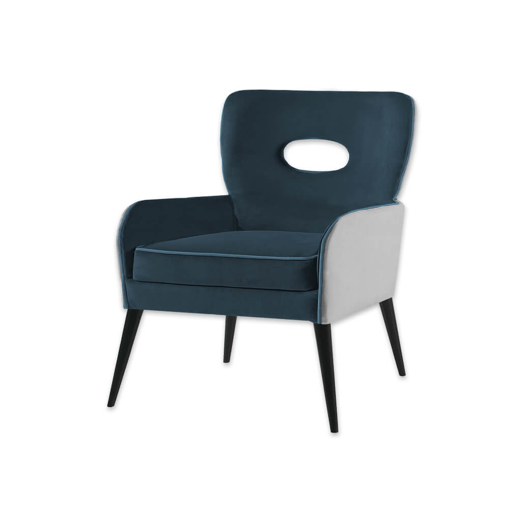 Colorado Dark Blue Tub Chair With White Split Fabric Padded Backrest with Cut Out Detail and Splayed Wooden Legs - Designers Image
