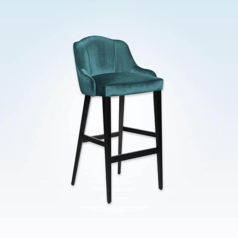 Crystal green bar stool with upholstered seat and backrest with black wood leg 