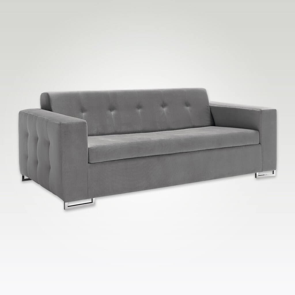 Delphine modern grey fabric sofa bed with decorative buttoning to the outside and open chrome feet