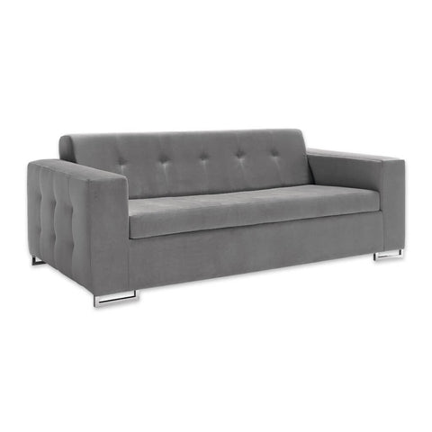 Delphine modern grey fabric sofa bed with decorative buttoning to the outside and open chrome feet