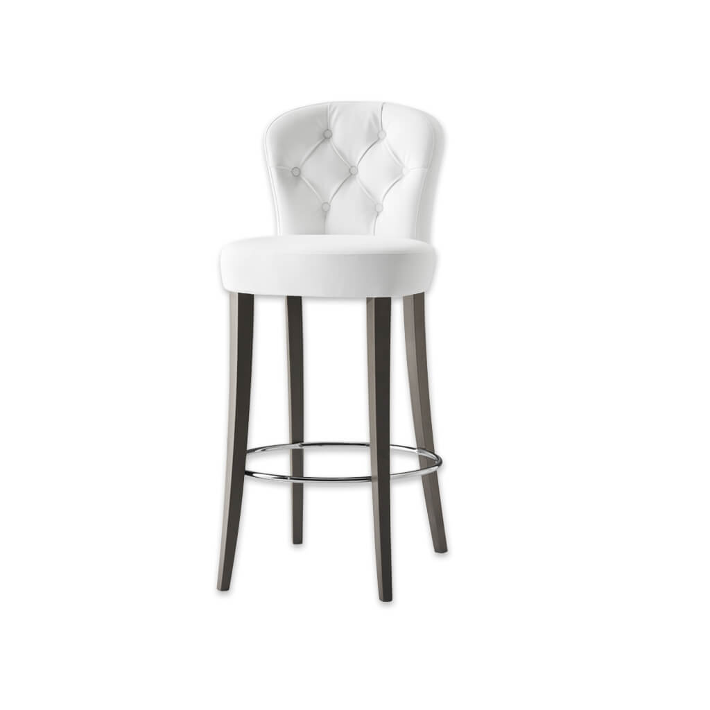 Euforia curved white bar chair with buttoning detail round seat and tapered timber legs with a round metal kick plate - Designers Image
