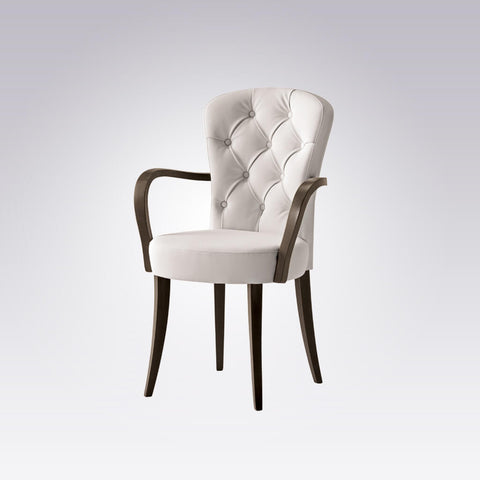 Euforia White Upholstered Armchair with Buttoned Back and Dark Brown Legs and Arms