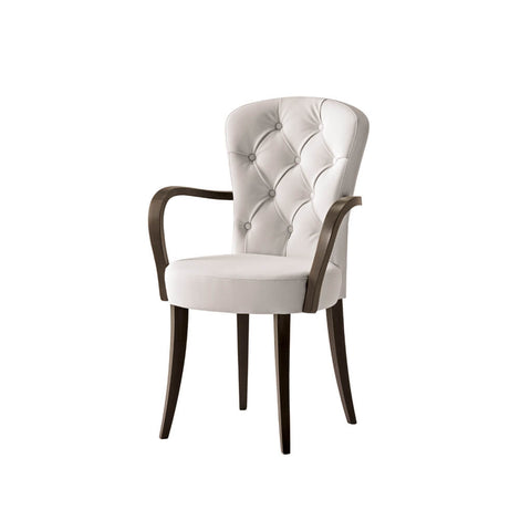 Euforia White Upholstered Armchair with Buttoned Back and Dark Brown Legs and Arms