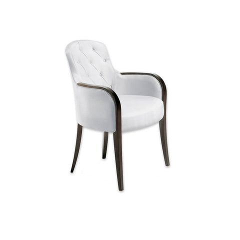 Euforia Upholstered White Leather Tub Chair With Buttoned Back And Curved Show Wood Armrests