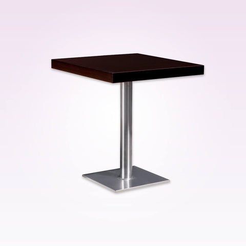 Flat modern bar table with square wooden top and square metal base plate and round pedestal