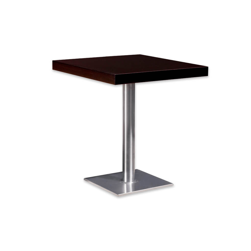 Flat modern bar table with square wooden top and square metal base plate and round pedestal - Designers Image