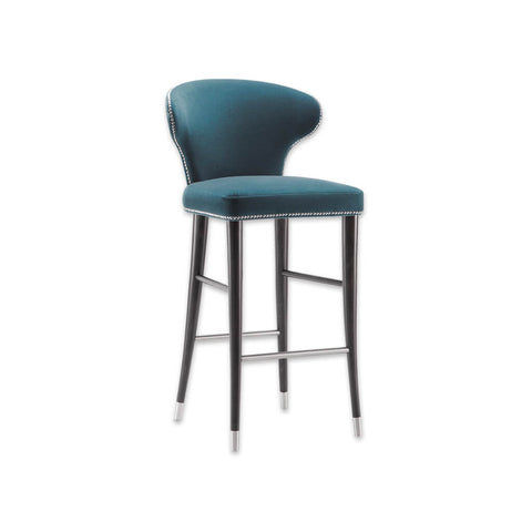 Florence blue bar stool with decorative studding and conical wooden legs with metal feet